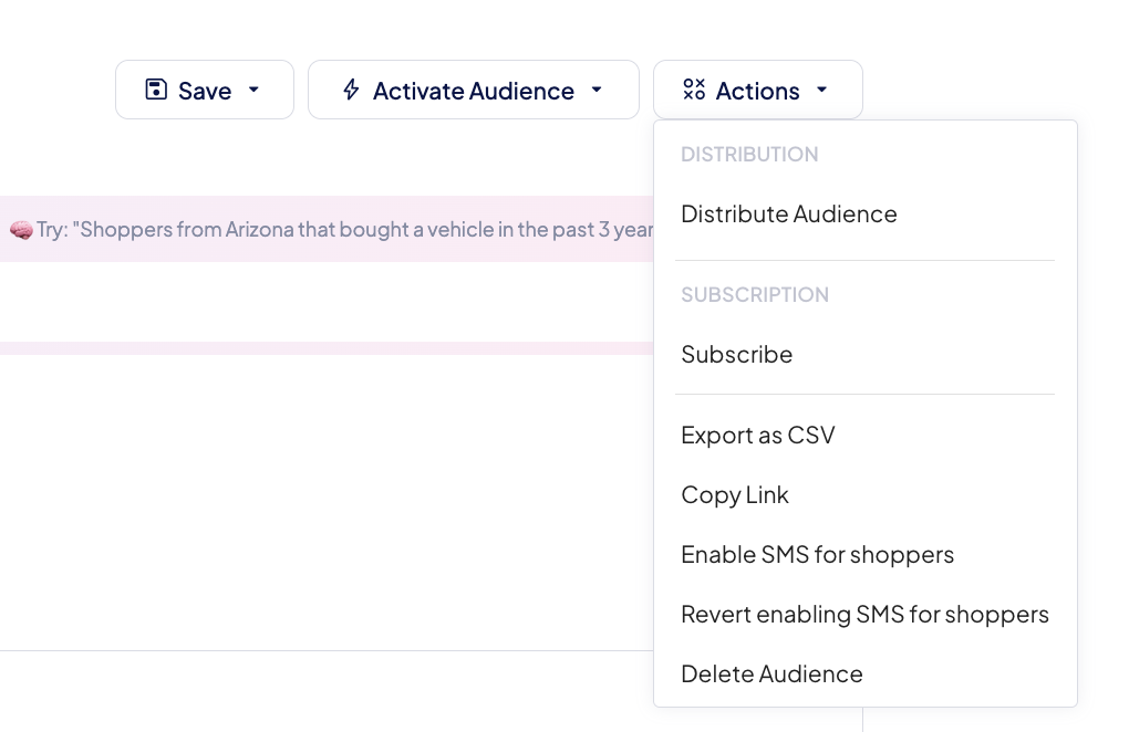 Additional Actions menu showing Distribute Audience, Subscribe, Export As CSV, Copy Link, Delete Audience, Enable SMS, and Revert SMS options