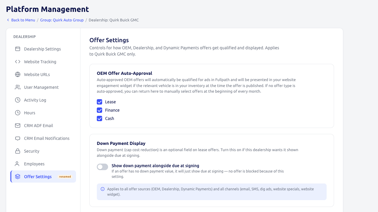 Offer Settings page showing the Down Payment Display toggle