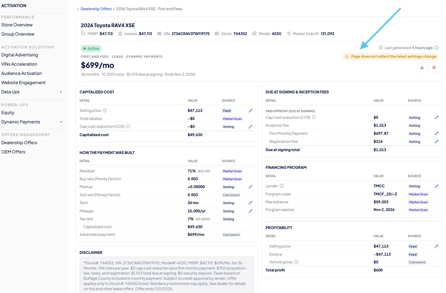 Offer details page showing the out-of-date note after a settings change